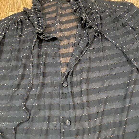 Vintage Italian Sheer Shimmer Button-Up Ribbon Blouse Black Gold - Picture 9 of 16